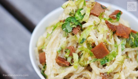 close up of bowl of vegan pasta carbonara
