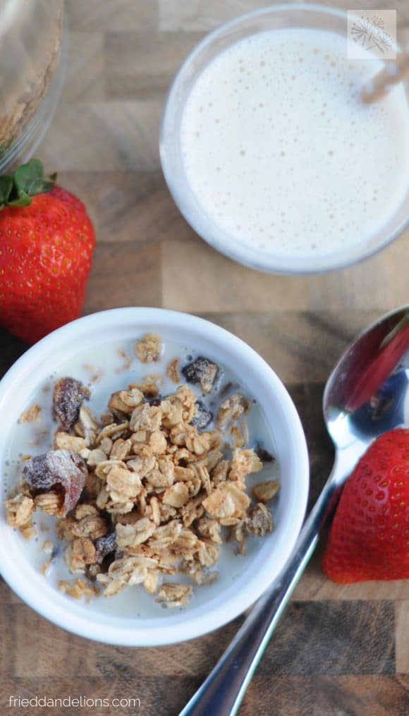 overhead shot of Salted Caramel Granola with glass of milk with straw and strawberries