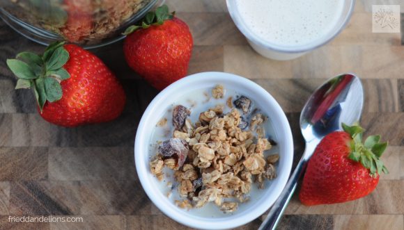 overhead view of Salted Caramel Granola with strawberries and spoon