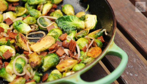skillet of vegan brussels sprouts with bacon