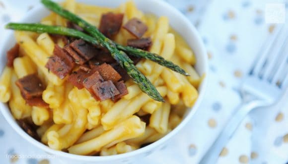 bowl of butternut squash carbonara with vegan bacon